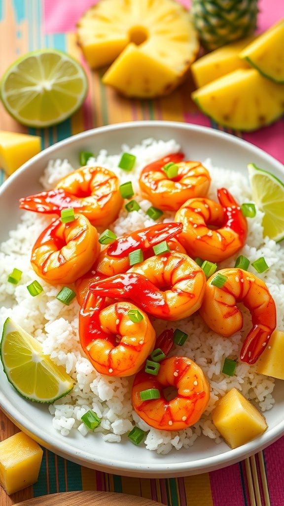 Air Fryer Hawaiian Shrimp Recipe Air fryer Hawaiian shrimp served over rice, garnished with green onions and sesame seeds, with pineapple and lime on the side.